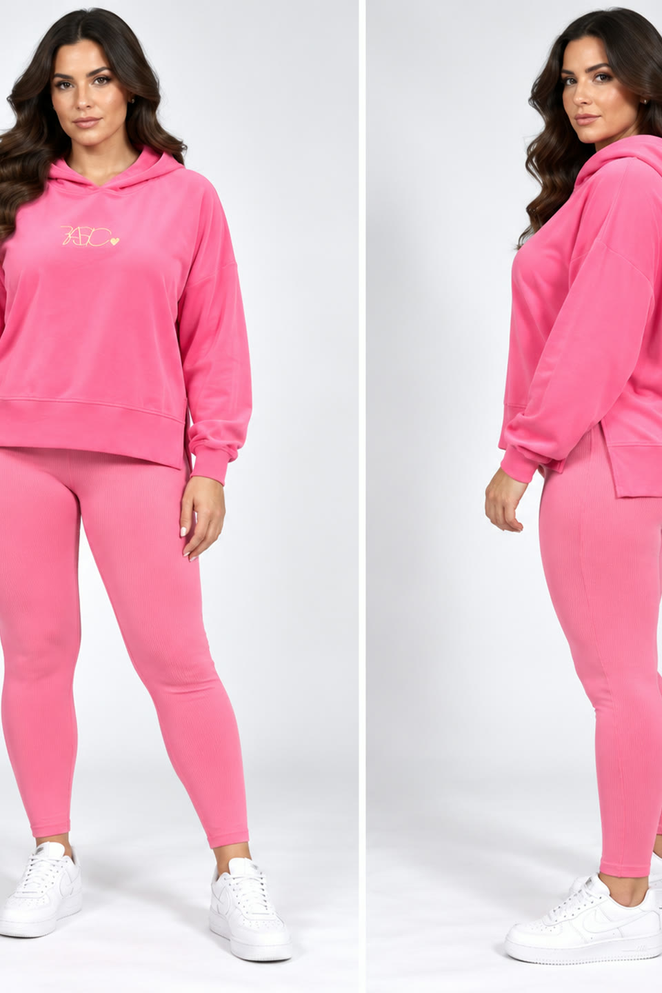 Różowy dres z kapturem i nadrukiem – bluza oversize i legginsy w prążek – DR13